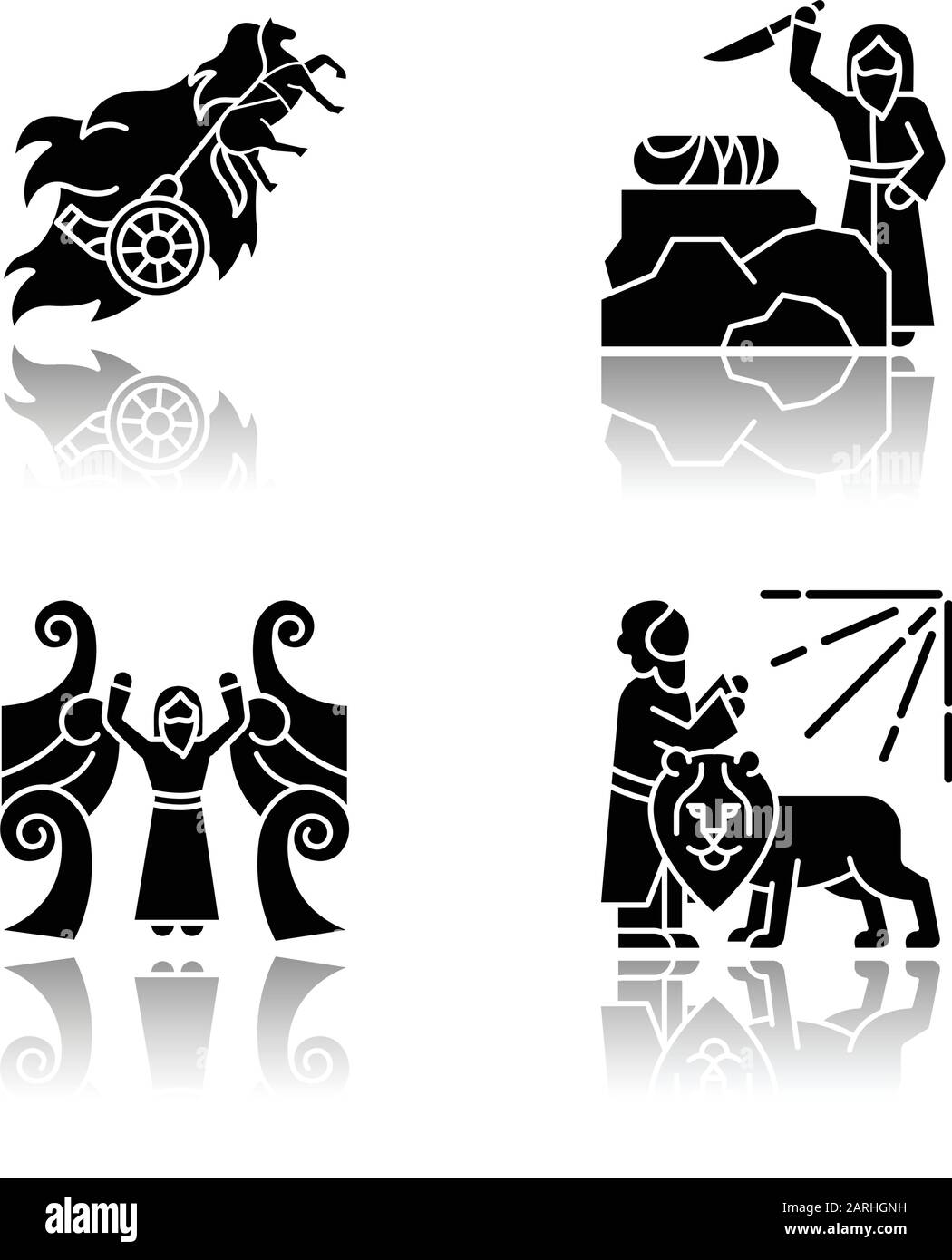 Narrativas de la Biblia caen sombra negro iconos de glifo conjunto