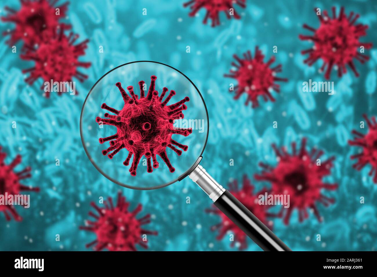 Lupa sobre la bacteria del virus, concepto de epidemia de enfermedades, ciencia moderna de la biotecnología Foto de stock