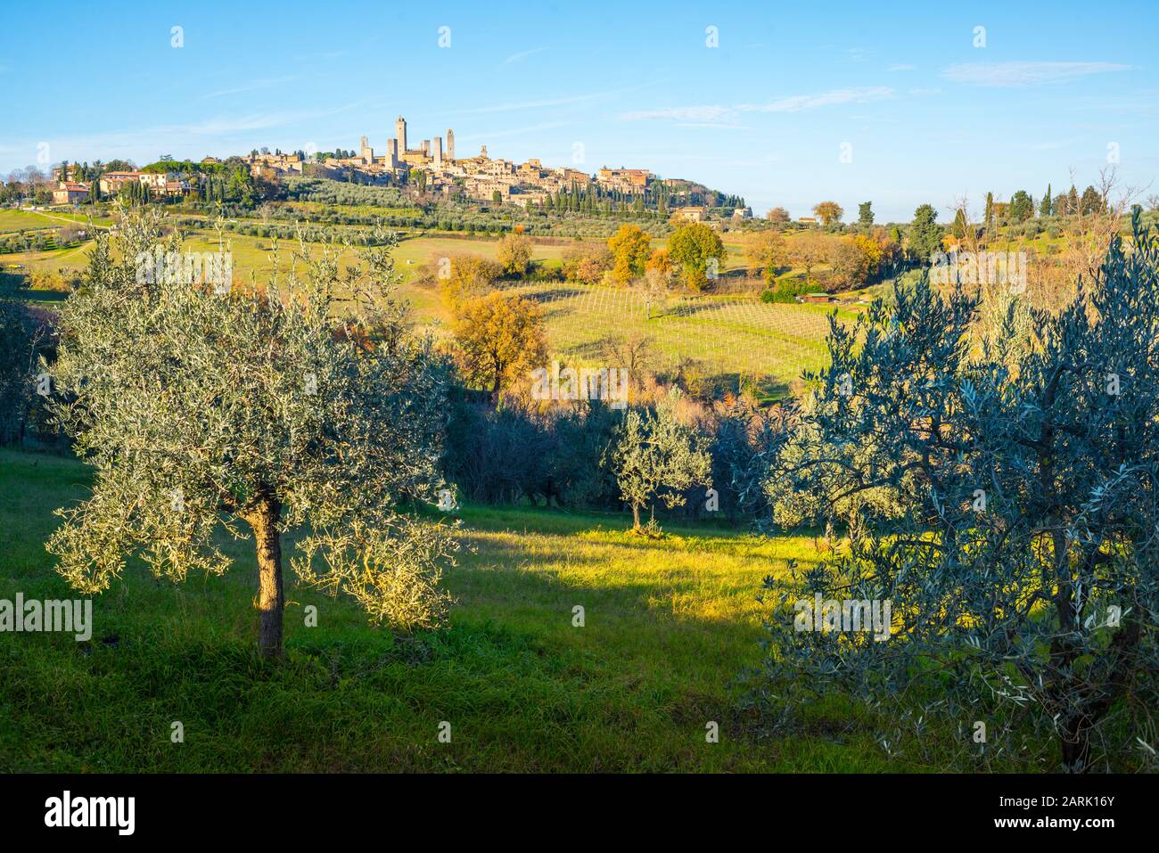 Vista de la ciudad italiana de San Gimignano, una pequeña ciudad amurallada medieval en la Toscana conocida como la Ciudad de las Bellas Torres. Paisaje toscano con colinas Foto de stock