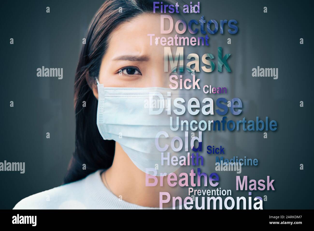 closeup mujer asiática cara con máscara de protección para prevenir germen, conceptos de virus Foto de stock