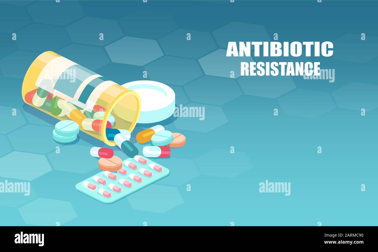 Vector de cápsulas antibióticas derramando botella. Concepto de problema de resistencia multifarmacológica. Ilustración del Vector