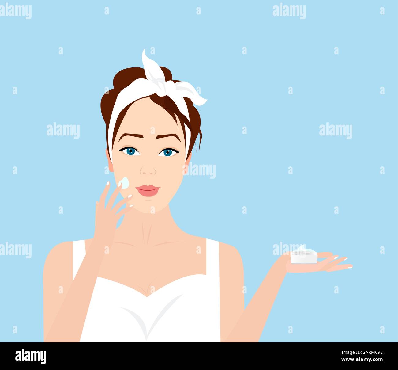 Vector de una mujer hermosa aplicando crema en su cara cuidando de su piel Ilustración del Vector