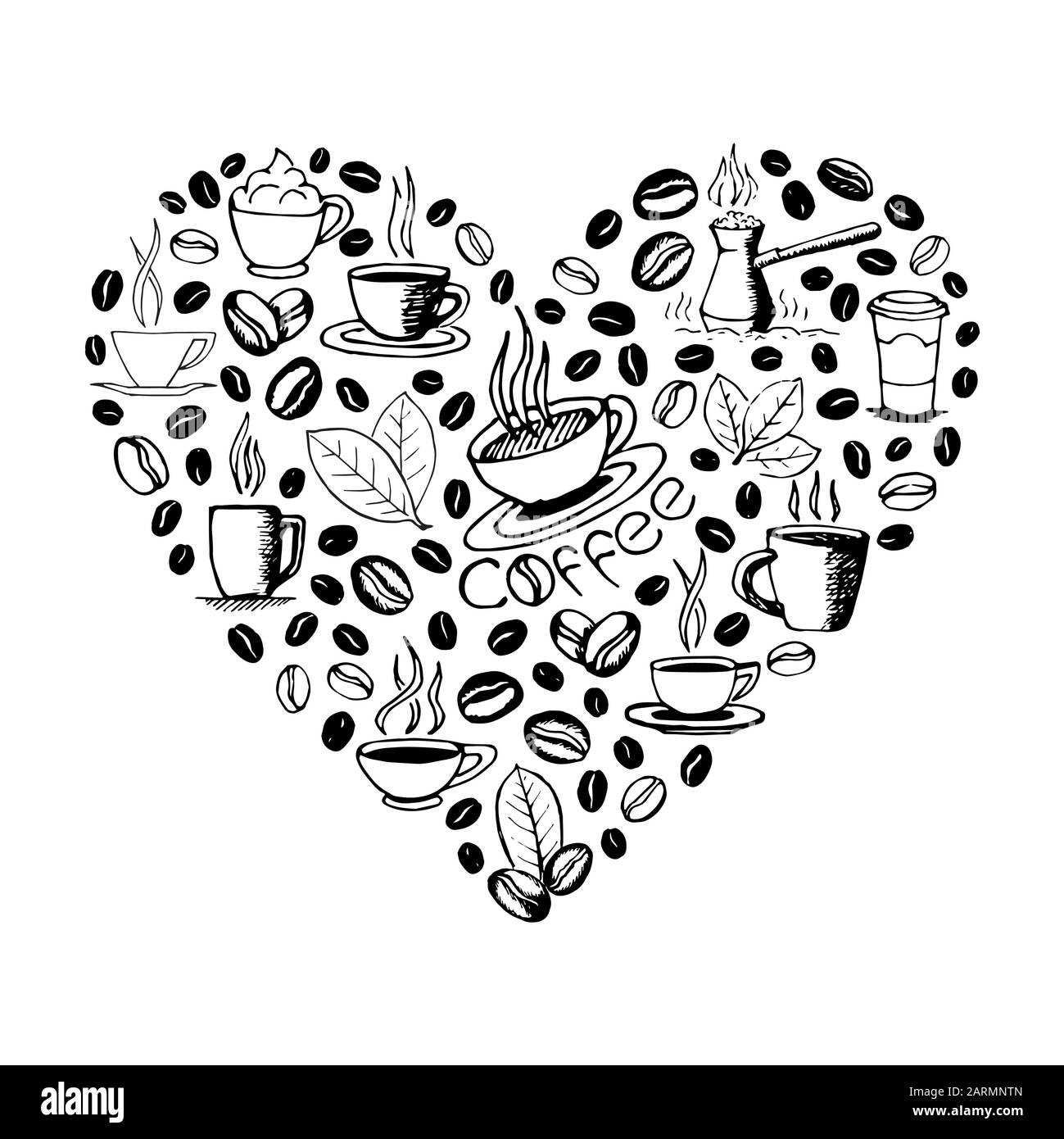 Forma de corazón llena de tallarines de café tirados a mano aislados sobre fondo blanco. Taza de café, cebo, frijoles, símbolos de hojas y letras. Vector bosquejado e Ilustración del Vector