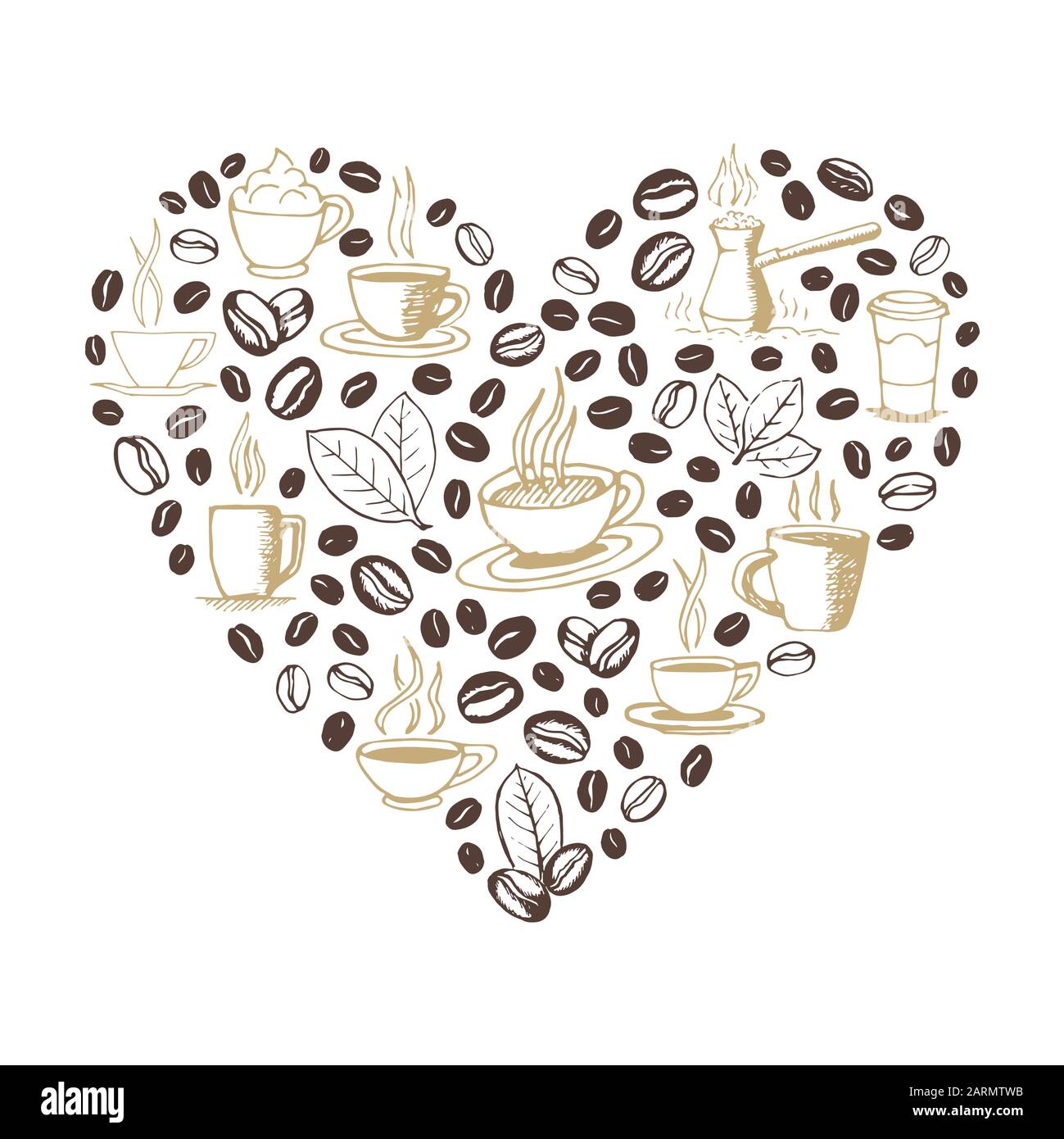Forma de corazón rellena con garabatos de café dibujados a mano aislados sobre fondo blanco. Símbolos de taza de café, cezve, frijoles y hojas. Vector croquizado eps8 Ilustración del Vector