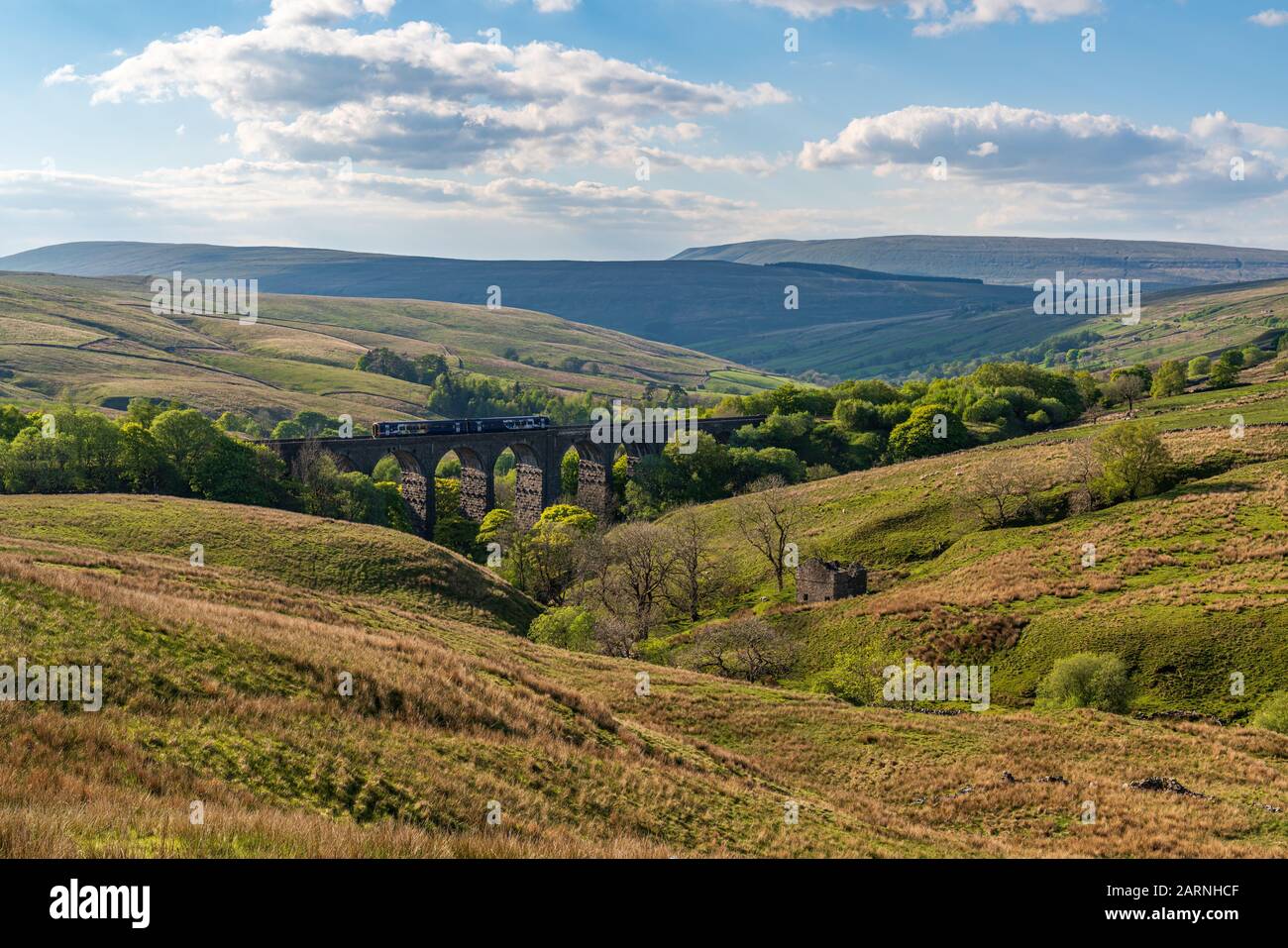 Cerca de Cowgill, Cumbria, Inglaterra, Reino Unido - 16 de mayo de 2019: Un tren que pasa por el viaducto de Dent Head, con el paisaje de Dent Dale en el fondo Foto de stock