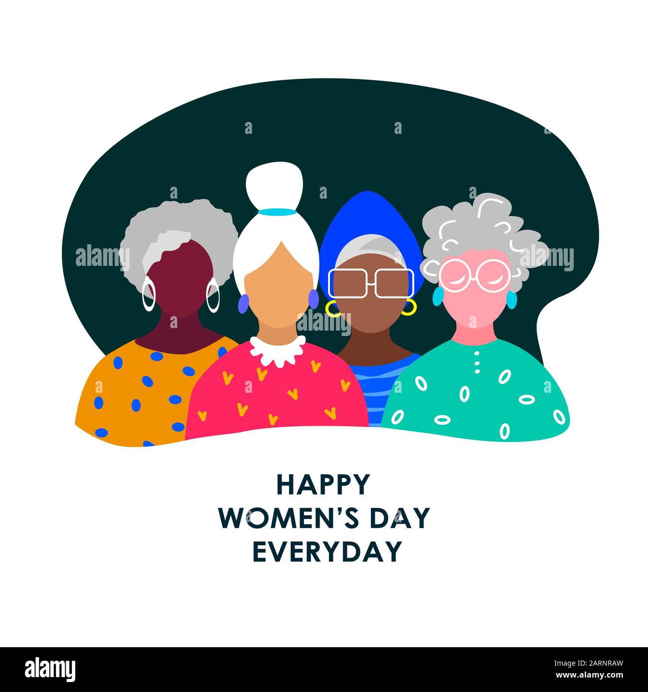 Feliz Día Internacional De La Mujer Congratulation.Feminism Concept.Diferent Nacionalidad,Religiones Ancianos Pensioner Ladies.Femenino Empoderamiento Ilustración del Vector
