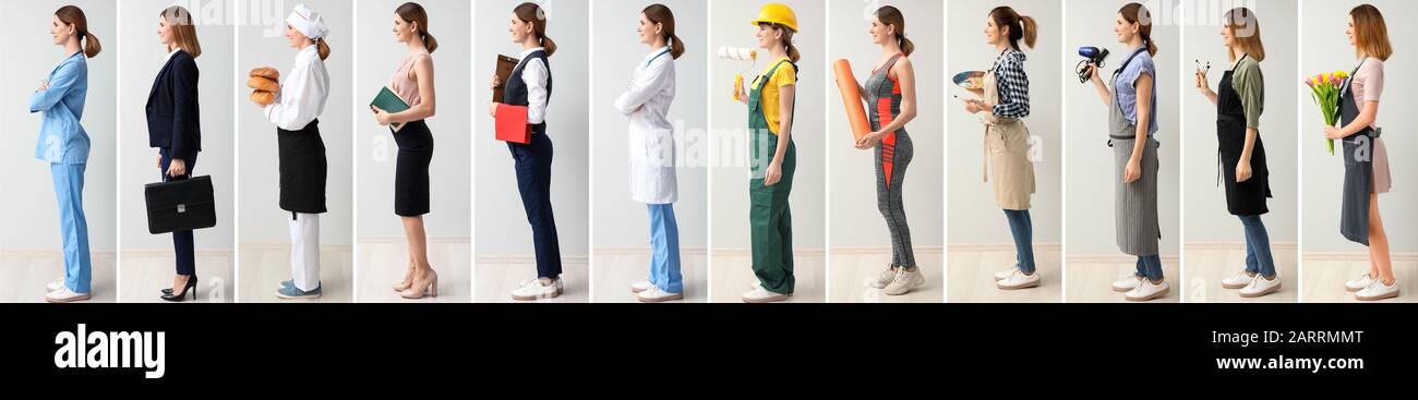 Collage con mujer con uniformes de diferentes profesiones Fotografía de  stock - Alamy
