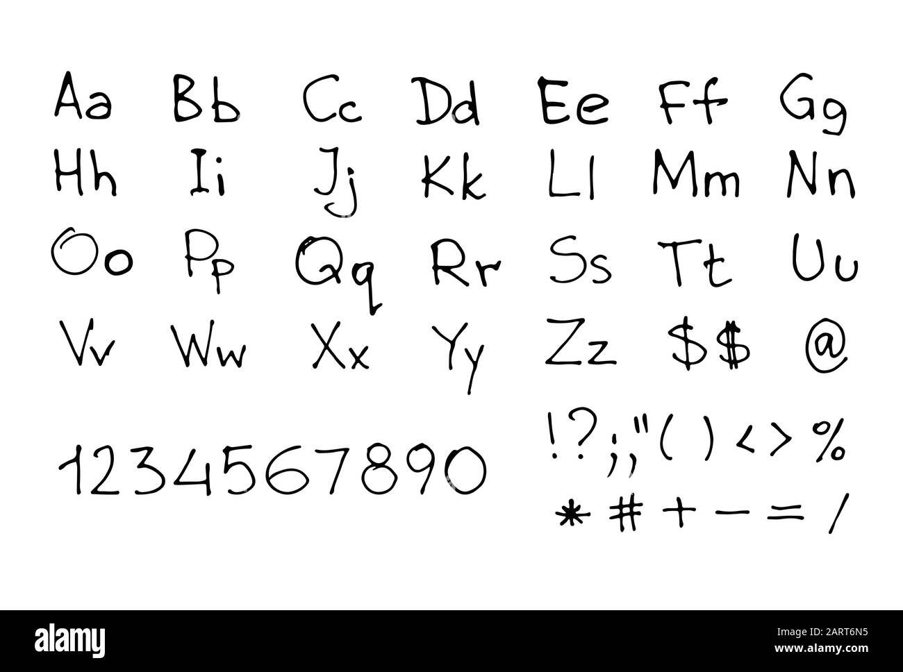 Fuente escrita a mano. Letras y números bosquejados en inglés aislados en blanco. Ilustración de vectores eps8. Ilustración del Vector
