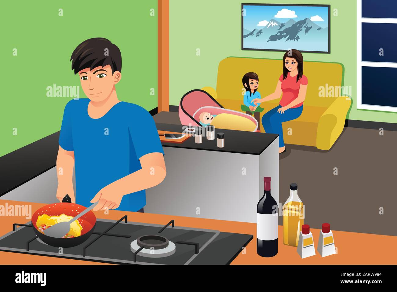Una ilustración vectorial de la cocina del Padre Mientras que la Madre y los niños en la sala De estar Relajan Ilustración del Vector
