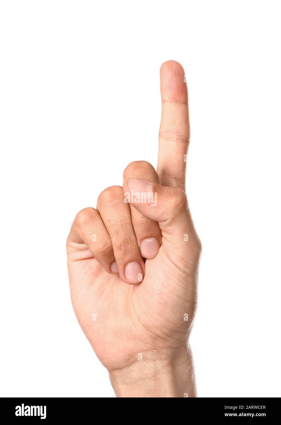 Mano macho con dedo índice elevado sobre fondo blanco Foto de stock