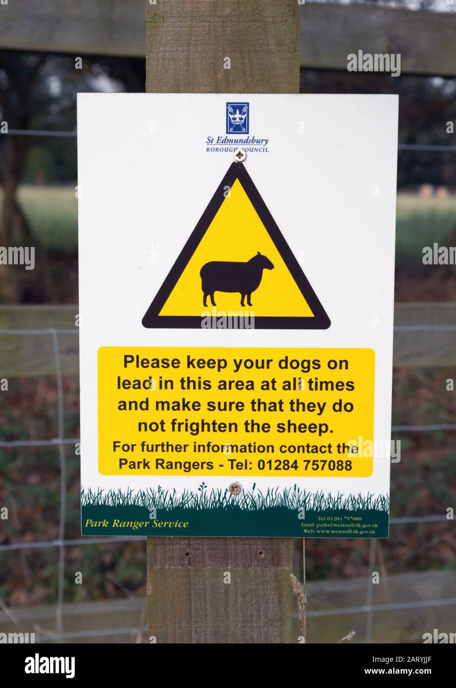 Los perros deben ser mantenidos en un plomo para prevenir ataques al signo de vida en Suffolk, Reino Unido Foto de stock