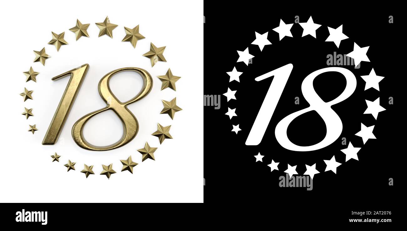 Cincuenta discordia taller Número 18 (número dieciocho) Aniversario diseño de celebración con un  círculo de estrellas doradas sobre un fondo blanco con sombra y canal alfa.  3D Fotografía de stock - Alamy