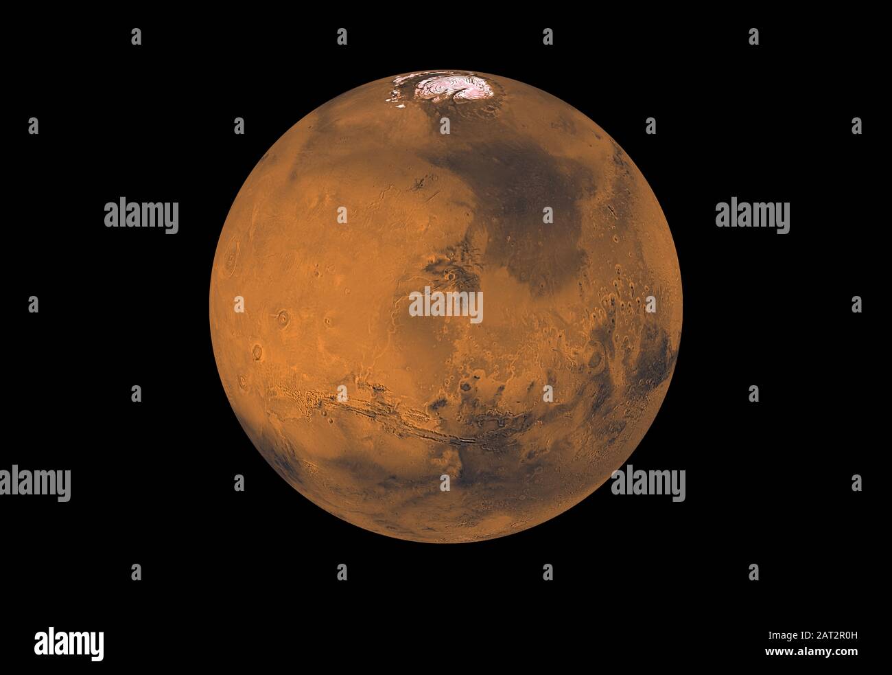 Marte - 1998 - cerca de 1000 Viking Orbiter imágenes de filtro rojo y violeta fueron procesadas para proporcionar esta cobertura global de color del planeta Marte Foto de stock