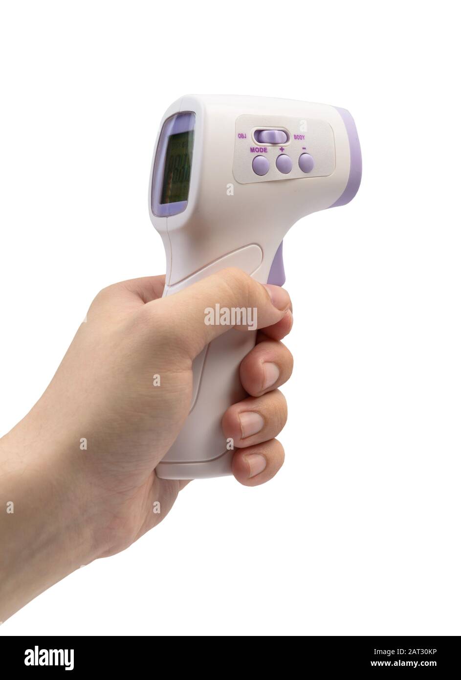 Termómetro por infrarrojos sin contacto de mano para Detectar fiebre aislada en blanco Foto de stock