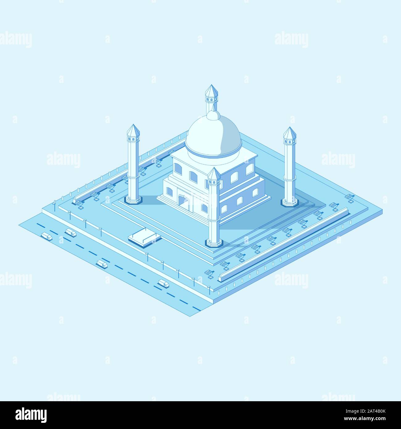 Icono isométrico vectorial o elemento infográfico que representa un edificio de baja mezquita de poli con un minarete. Ilustración del Vector