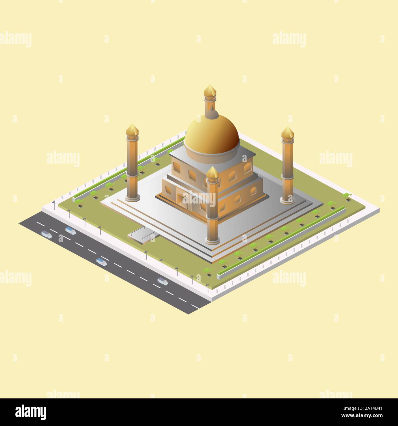 Icono isométrico vectorial o elemento infográfico que representa un edificio de baja mezquita de poli con un minarete. Ilustración del Vector