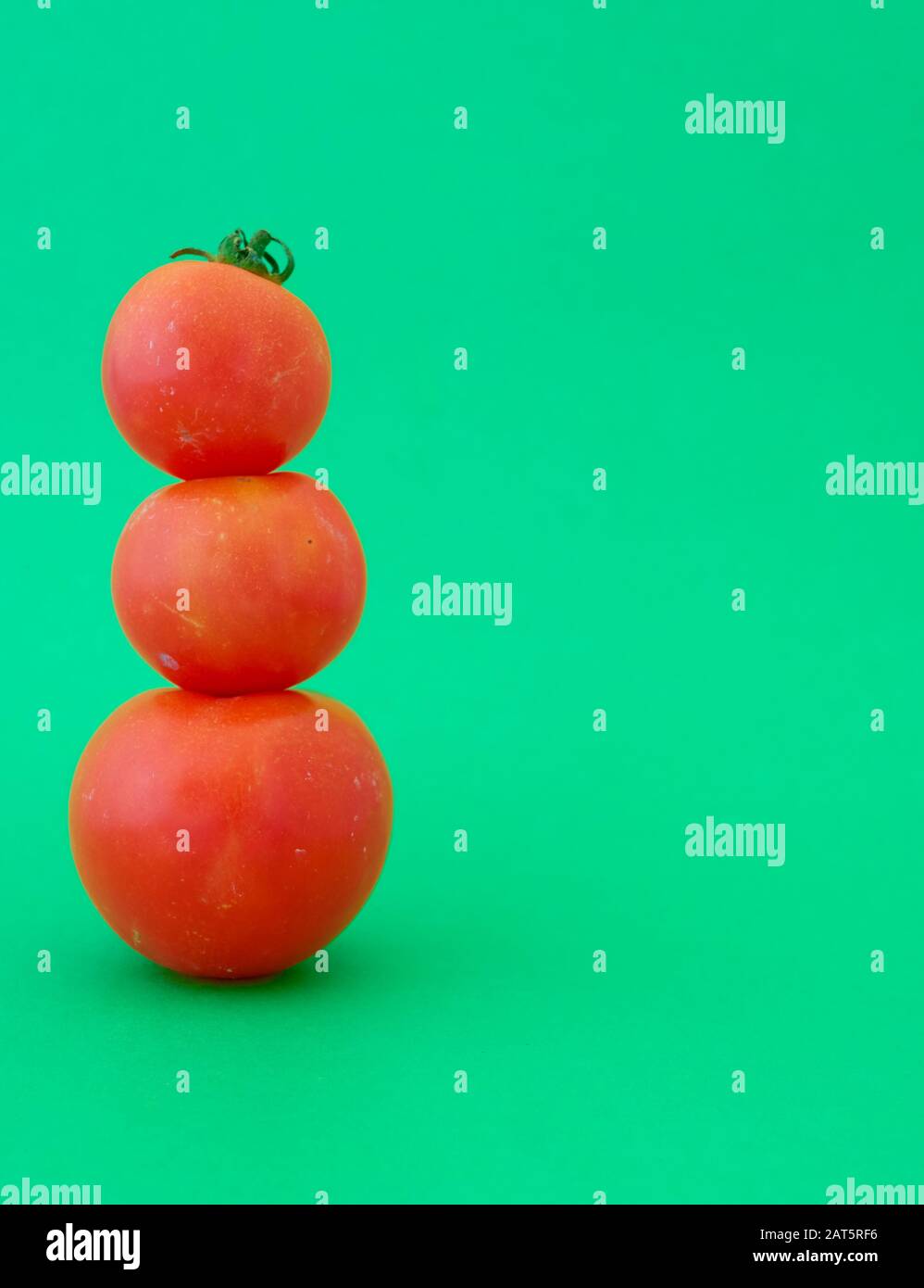 Tres tomates rojos apilados de mayor a menor en un fondo aislado verde cian Foto de stock