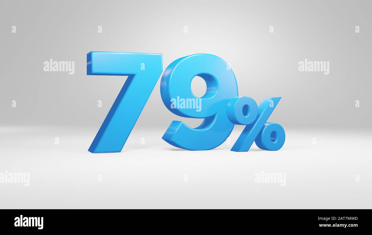 79 Por Ciento en fuente 3D azul sobre fondo blanco para negocios, presentaciones 3D Render, alta calidad Foto de stock
