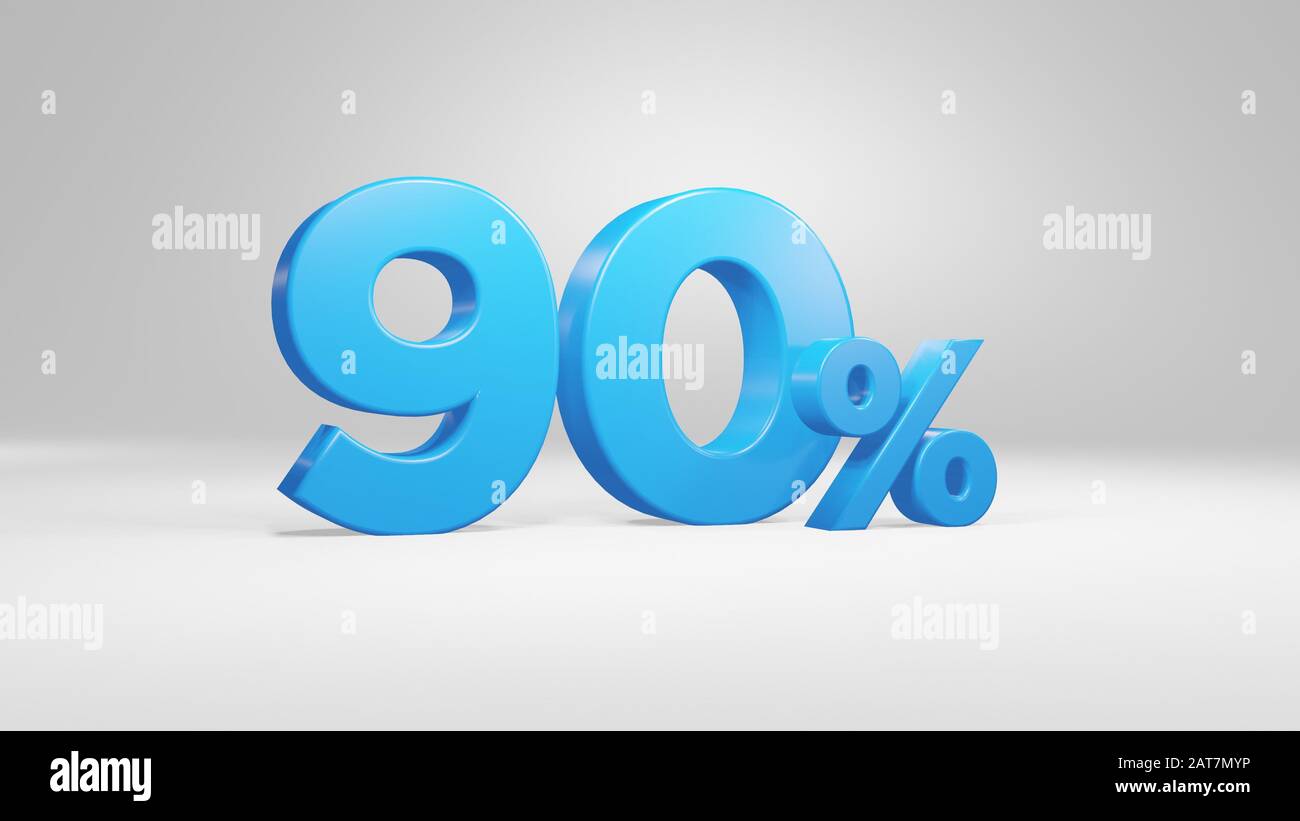 90 Por Ciento en fuente 3D azul sobre fondo blanco para negocios, presentaciones 3D Render, alta calidad Foto de stock