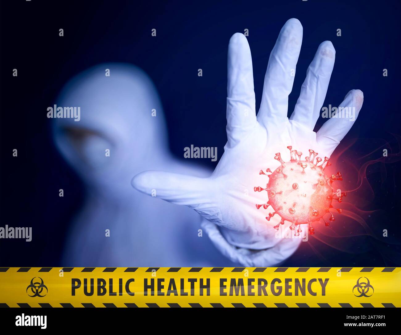 Emergencia de salud pública. Médico de cuarentena tratando de detener un brote epidémico. Collage de foto y modelo 3D del nuevo coronavirus chino. Medios mixtos Foto de stock