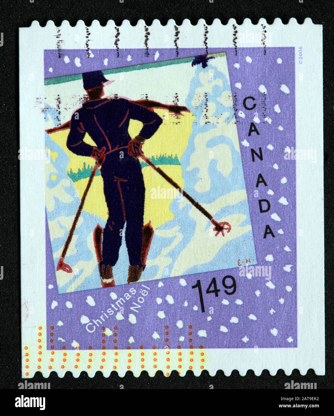 Sello canadiense, sello canadiense, correo canadiense, sello usado, 1.49, $1.49 , Navidad, Noel, sello, francoado, esquiador, esquí Foto de stock