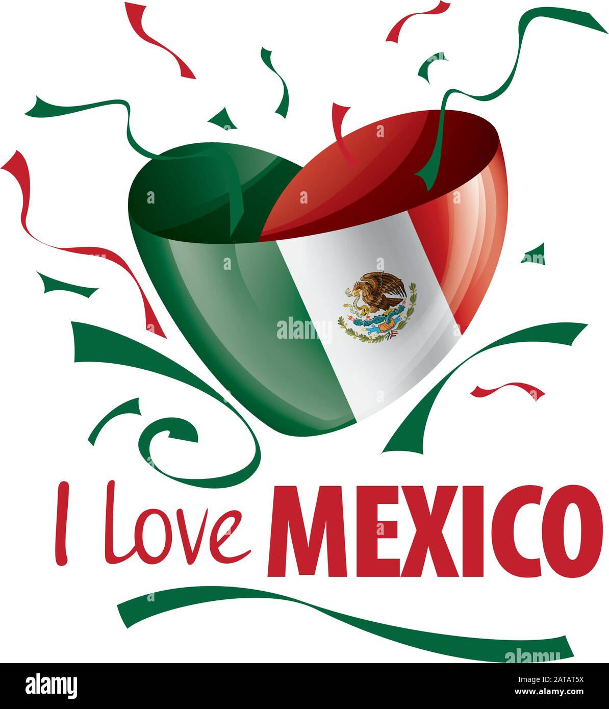 Bandera nacional del México en forma de corazón y la inscripción que amo a México. Ilustración