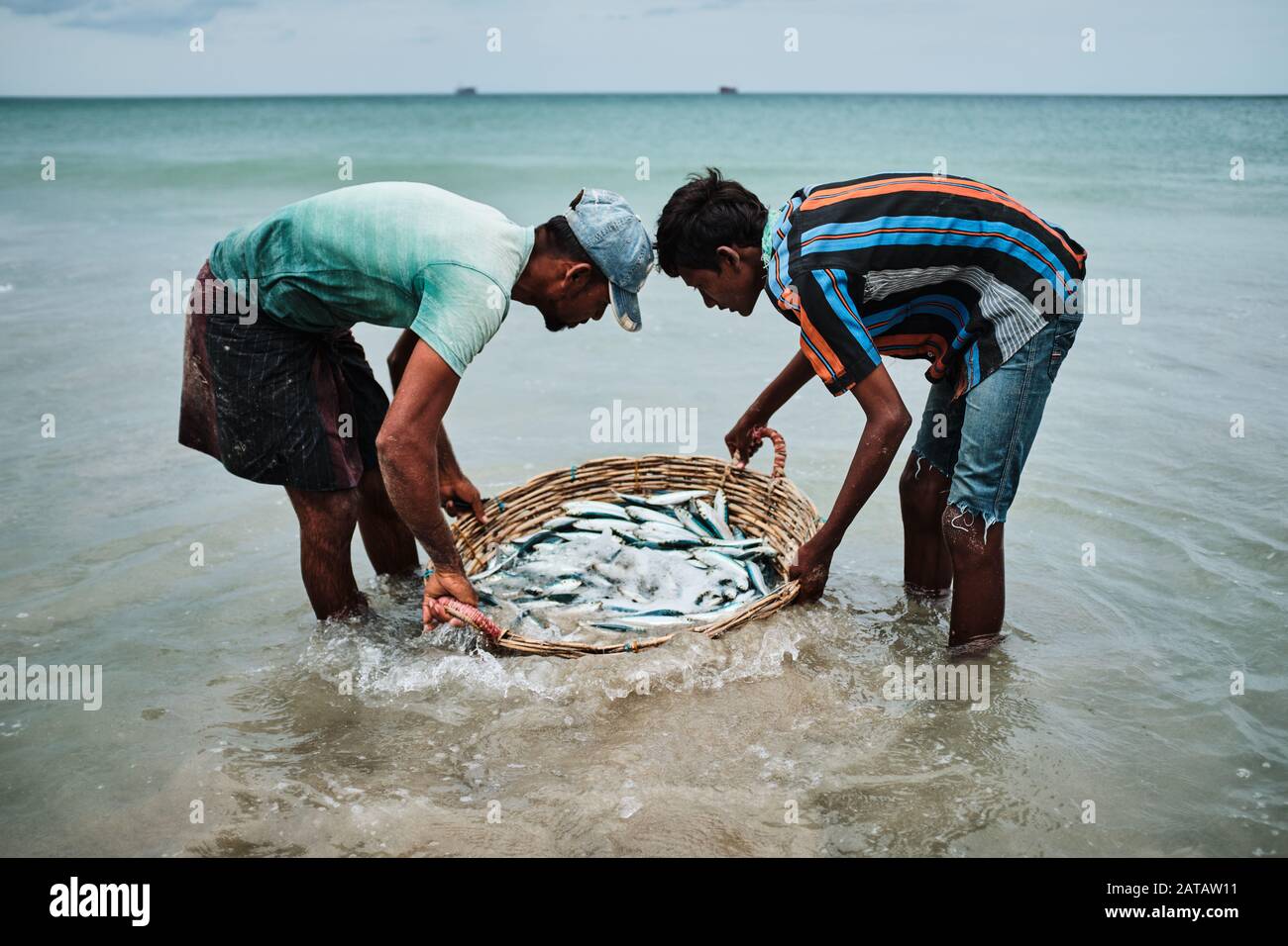Dos hombres de Sri Lanka que llevan pescado en una cesta de bambo en la playa de Trincomalee y lo lavan en el océano. Foto de stock