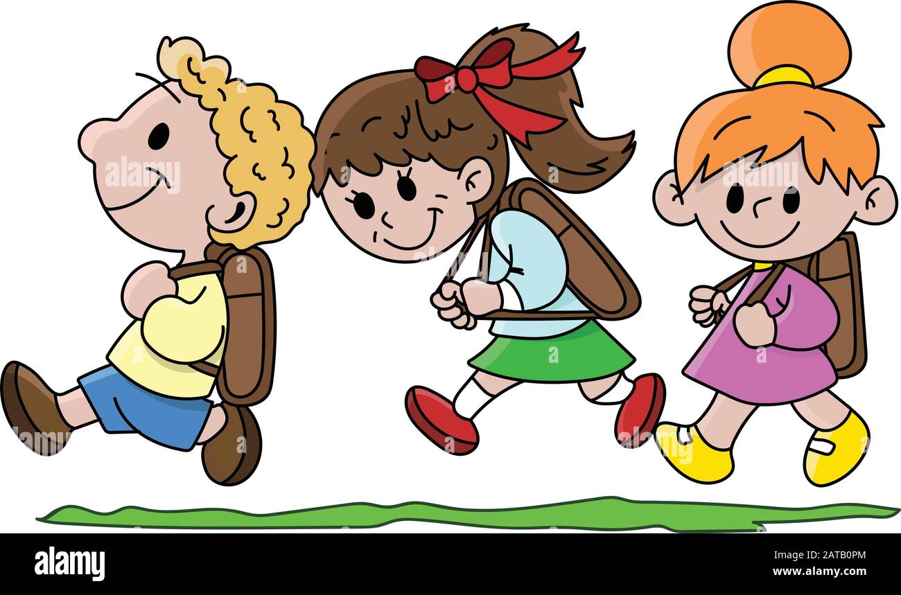 Niños de dibujos animados con sus mochilas caminando hacia la escuela  felizmente vector ilustración Imagen Vector de stock - Alamy