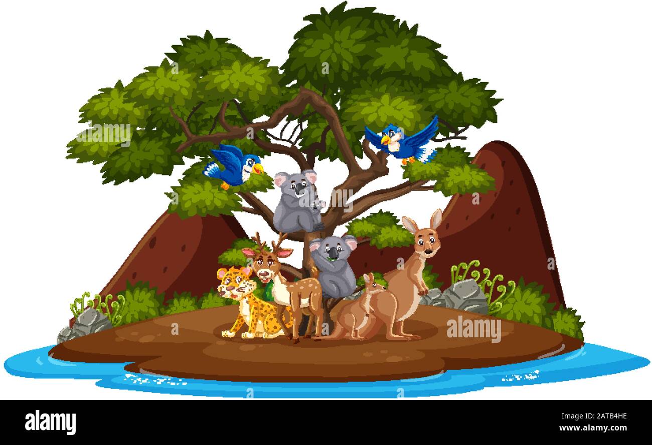 Escena con animales salvajes en la ilustración de la isla Ilustración del Vector