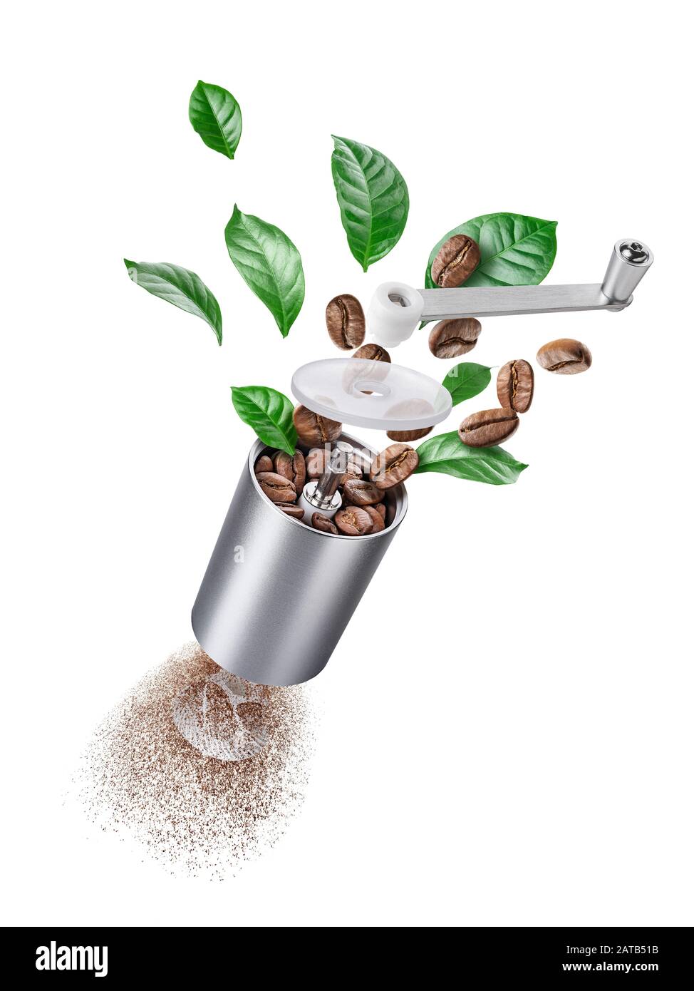 Despiece del molinillo de café con granos y hojas tostados Foto de stock