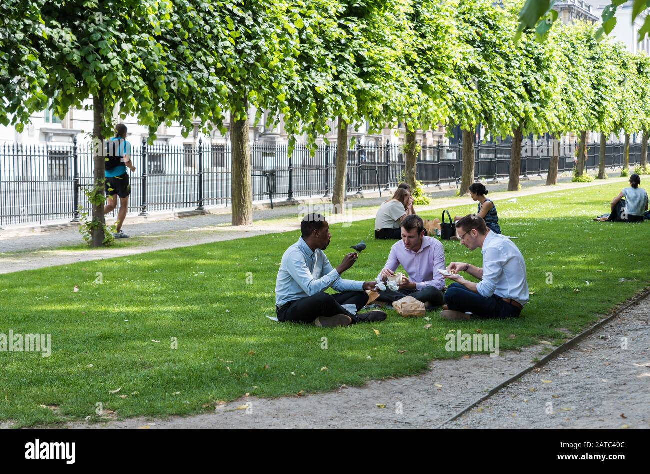 Casco antiguo de Bruselas / Bélgica - 06 25 2019: Personas descansando en el césped verde durante una ola de calor en el Parc de Bruxelles - Warandepark en verano Foto de stock