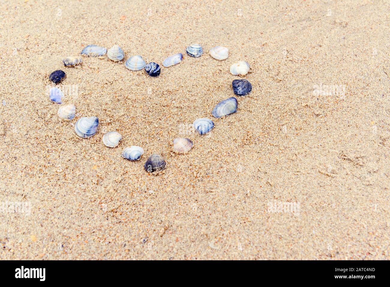 Corazón construido de conchas de mar en la arena. Símbolo romántico de amor hecho en una playa en verano. Pequeñas conchas de mar yacen en la forma del corazón para el fondo Foto de stock