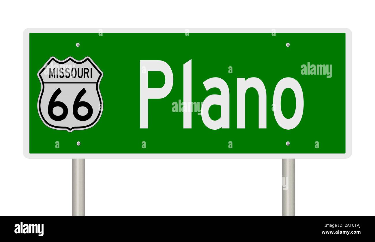 Representación de un cartel verde de la autopista 3d para plano Missouri en la ruta 66 Foto de stock