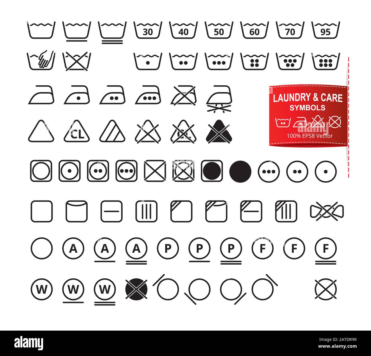 Conjunto de iconos de símbolos de lavandería en un estilo moderno de diseño  plano de líneas finas. Lavado de ropa, blanqueo, secado, planchado,  pictogramas de limpieza. Laboratorio de cuidado de la ropa