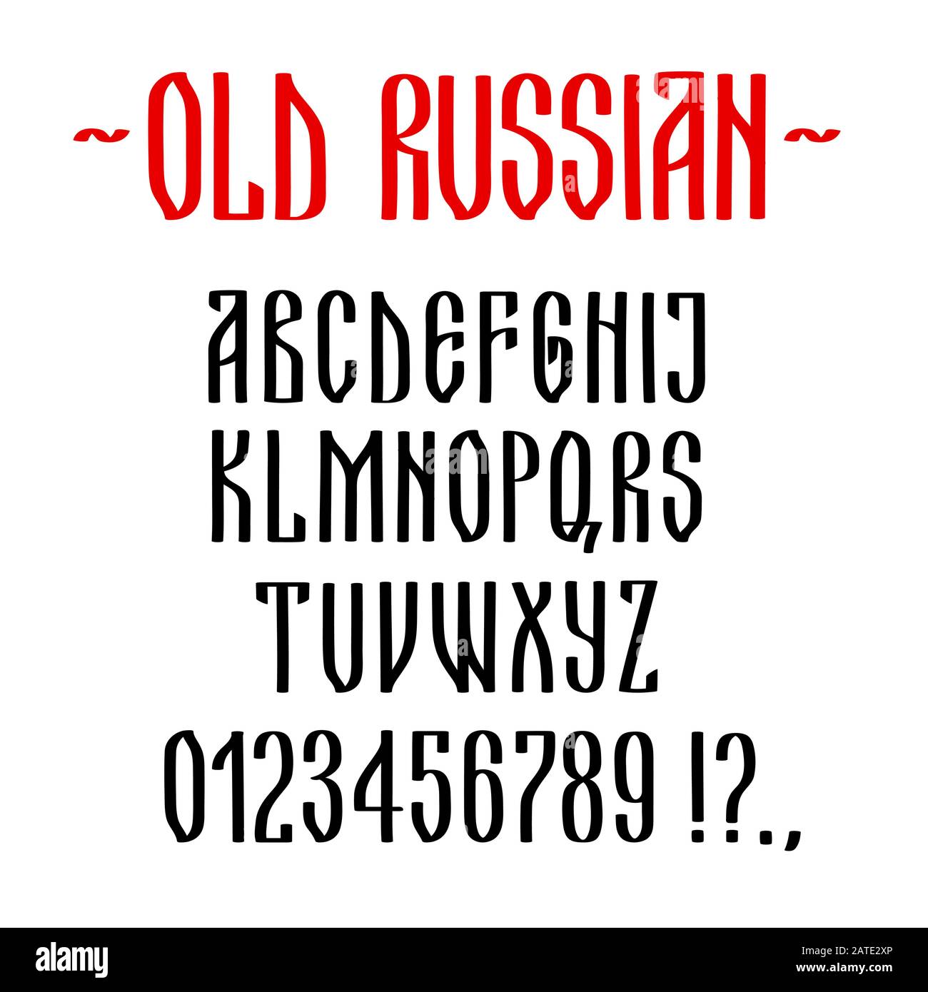 Alfabeto latino estilizado como antiguo guión cirílico ruso, conjunto de caracteres tipográficos. Letras de caligrafía dibujadas a mano escritas con pincel plano. Ilustración del Vector