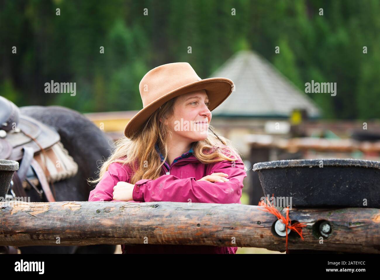 Cowgirl recostada sobre una valla Foto de stock