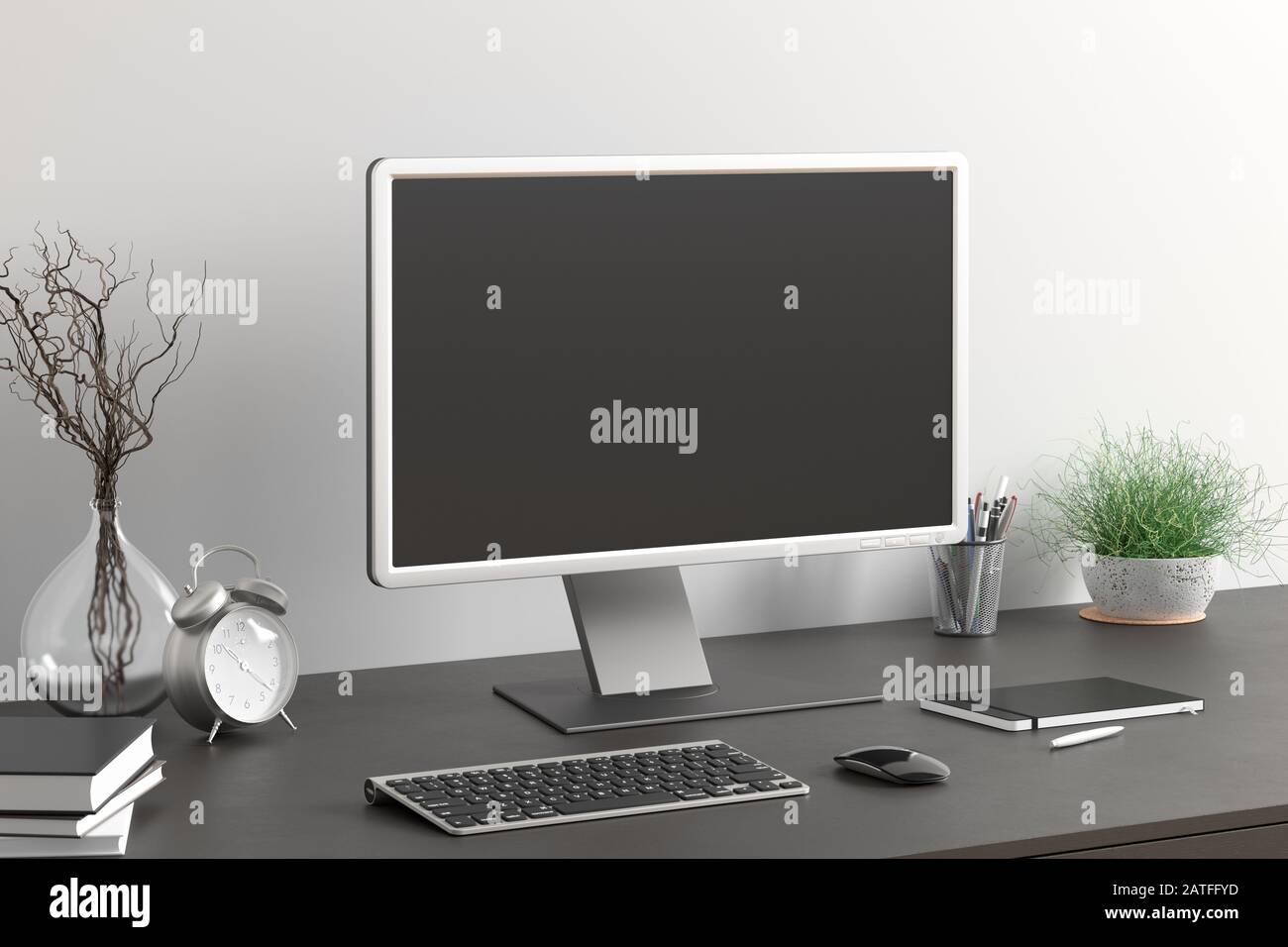 Espacio de trabajo con monitor de ordenador en blanco pantalla negra  simulada en el escritorio negro cerca de la pared blanca. Monitor; pantalla;  ordenador; maqueta Fotografía de stock - Alamy