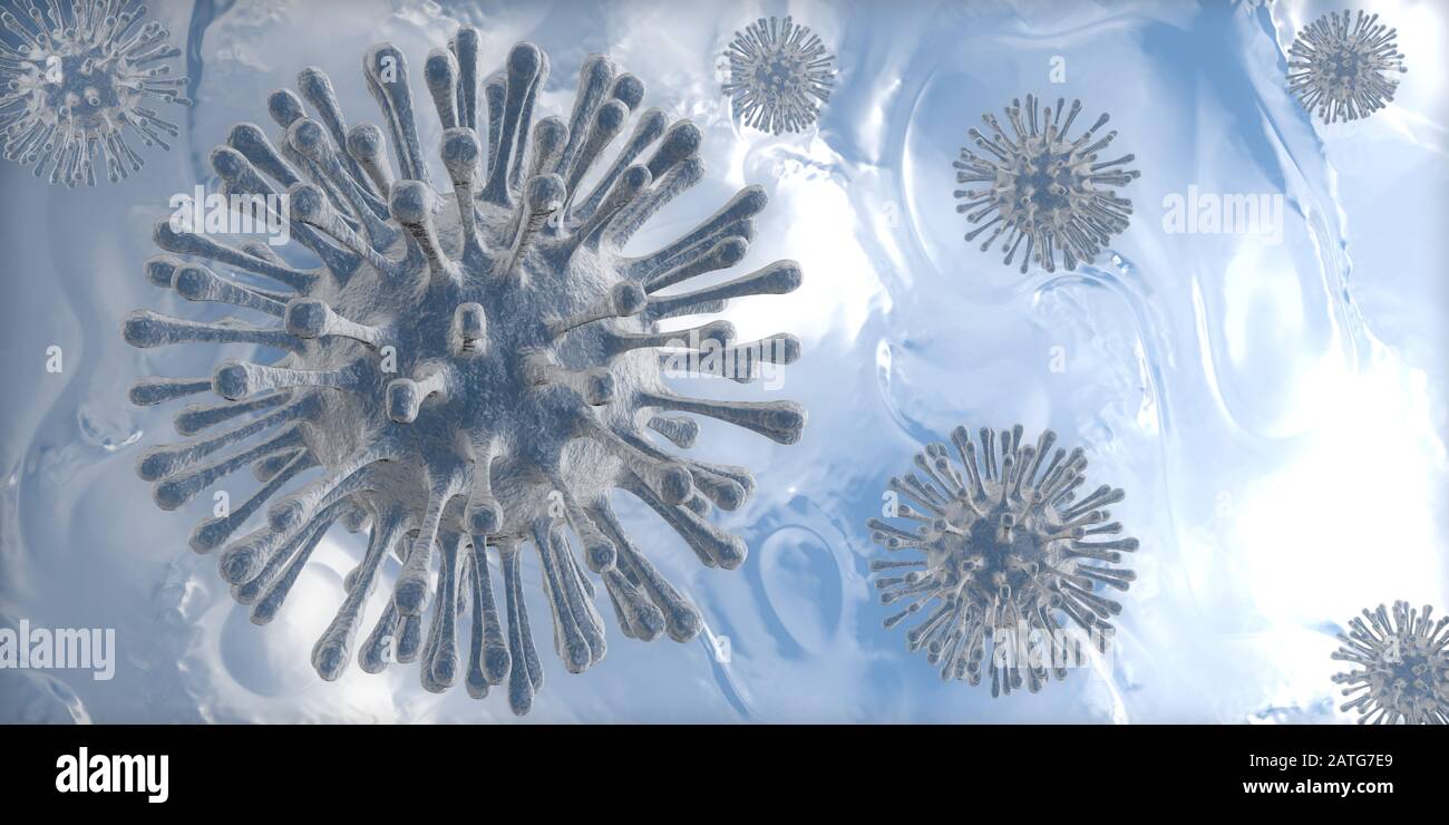 Virus azules con pelos y textura rugosa flotando sobre un fondo azul claro. Ilustración 3D Foto de stock