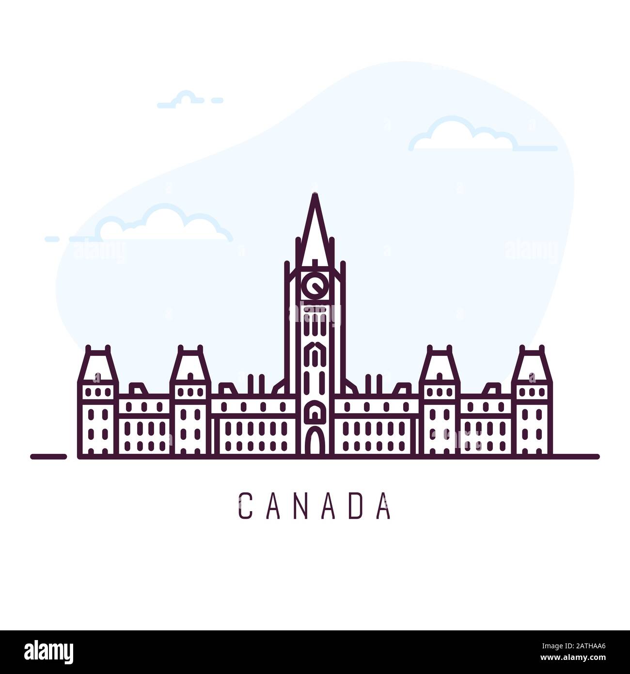 Ilustración de estilo de línea de ciudad de Canadá. Famoso Bloque De Centro En Ottawa, Ontario. Arquitectura ciudad símbolo de Canadá. Diseño del edificio. Nubes de cielo en la parte trasera Ilustración del Vector