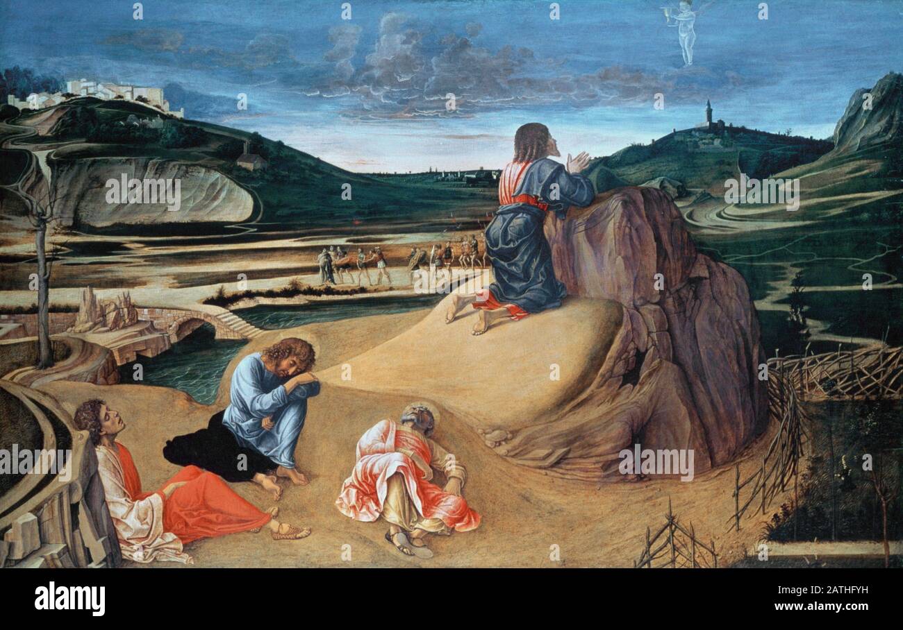 Giovanni Bellini escuela italiana la agonía en el jardín cerca de 1458-1460 temperatura del huevo en panel (80.4 x 127 cm) Londres, National Gallery Foto de stock