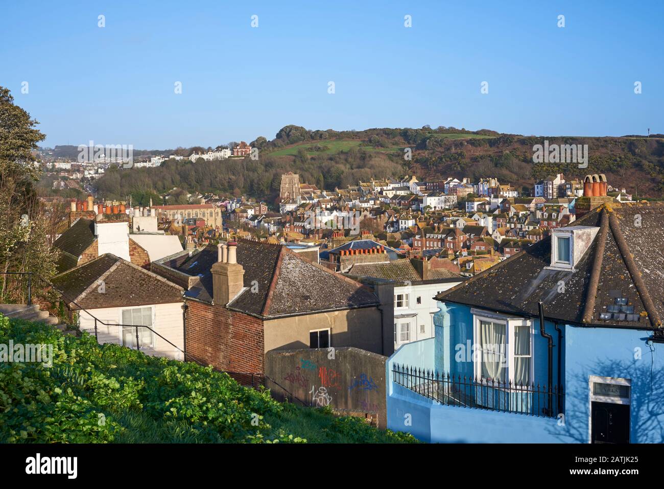 Ciudad vieja de Hastings, East Sussex, Reino Unido, del West Hill Foto de stock