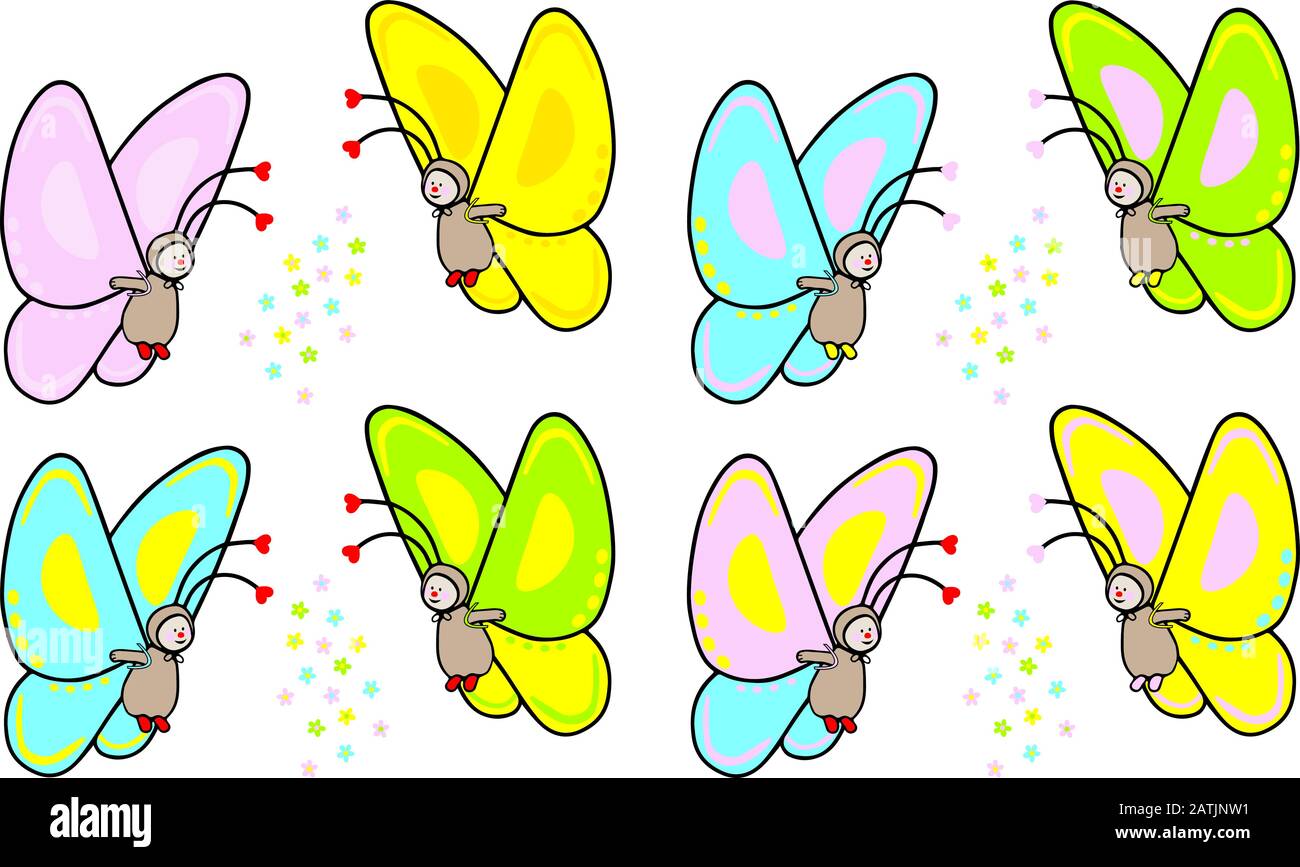 divertida ilustración vectorial dibujada a mano de linda mariposa en varios colores y decoración de flores Ilustración del Vector