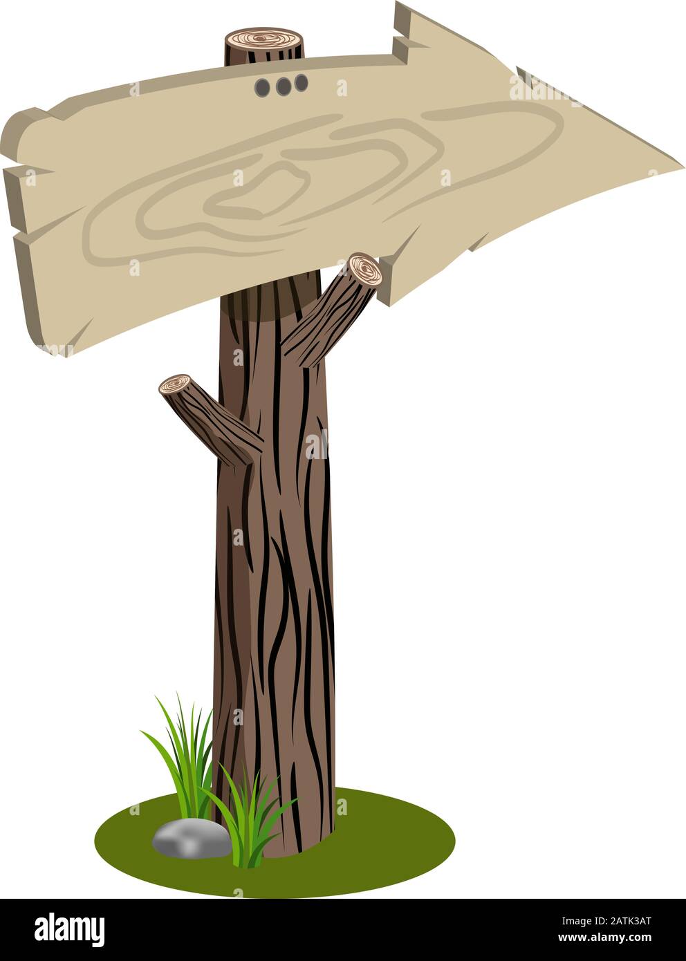 Flecha de dibujos animados de vectores de madera en tronco de árbol. Ilustración de cartel en blanco. Vacía vieja bandera de madera aislada en blanco. Con la hierba verde y la piedra o Ilustración del Vector
