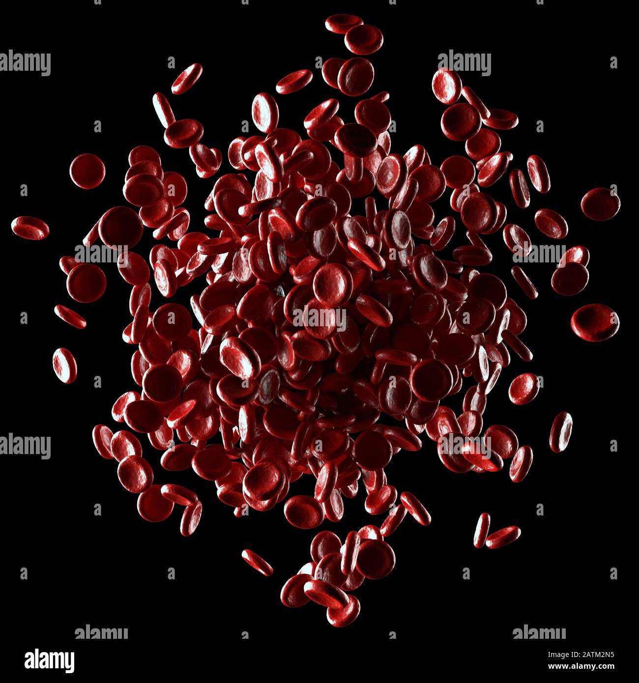 Los glóbulos rojos se derraman sobre fondo negro. Ilustración 3D, imagen conceptual. Trazado de recorte incluido. Foto de stock