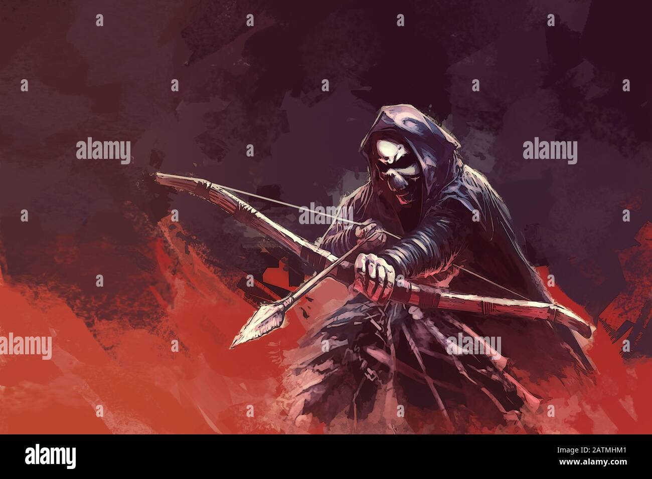 un esqueleto (un recono sombrío) en una capucha con un arco y una flecha - pintura en color Foto de stock