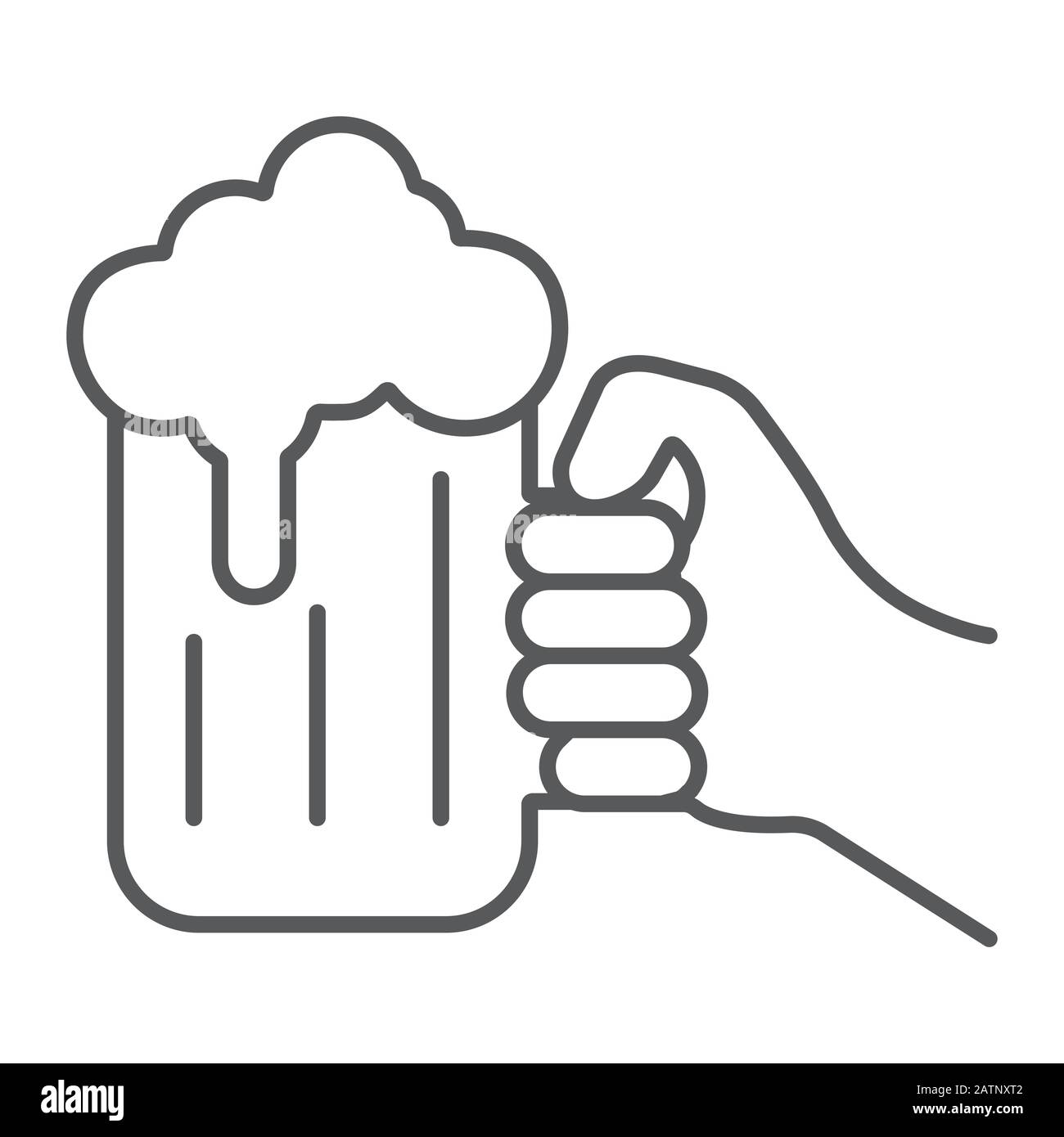 Mano sosteniendo un vaso de la línea fina de la cerveza icono, el día de  San patricio y alcohol, mano sostiene la señal de la cerveza del vaso,  gráficos del vector, un