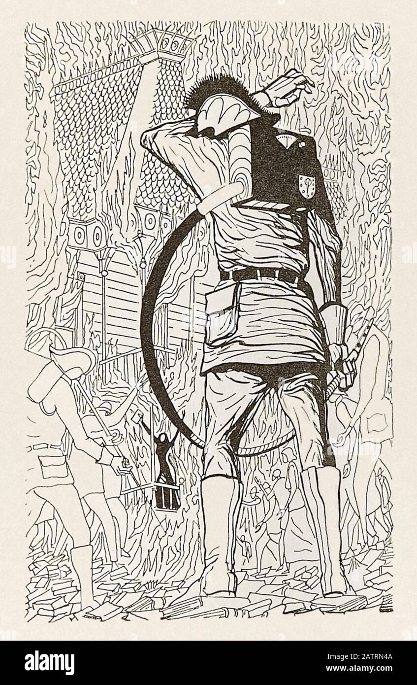 Fahrenheit 451 por Ray Bradbury (1920-2012), ilustración de Joe Mugnaini (1912-1992) de Guy Montag, un bombero en una sociedad donde los libros son proscritos y destruidos por bomberos. Fotografía de una primera edición de 1953. Foto de stock