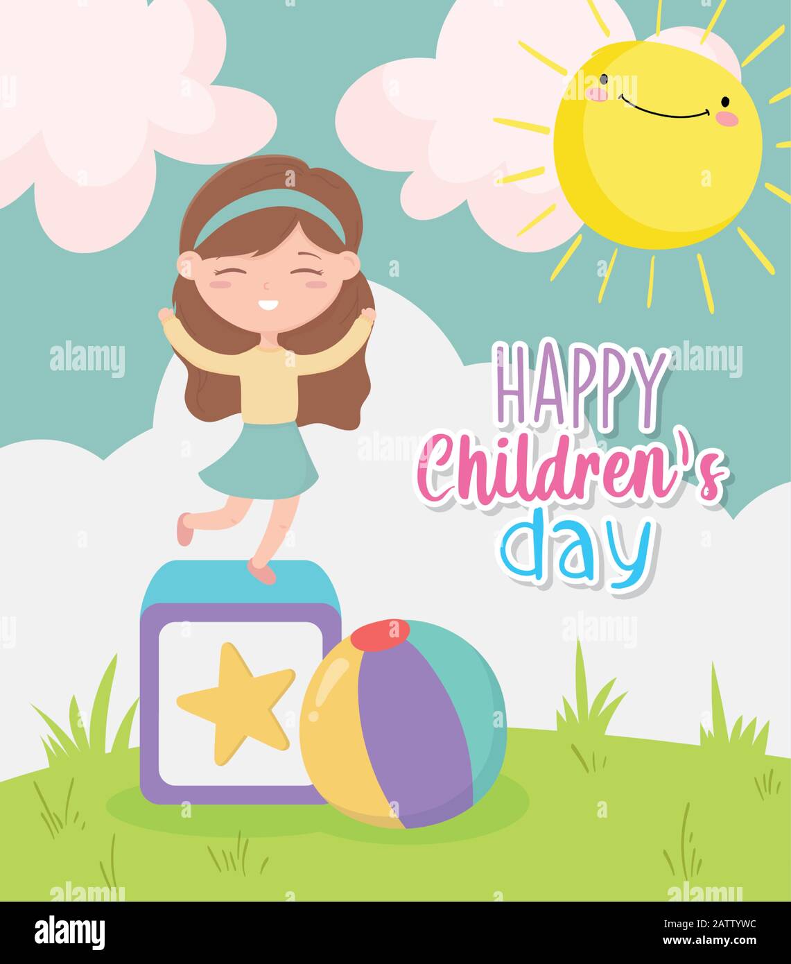 feliz día de los niños, niña jugando bloque y juguetes de pelota paisaje naturaleza sol nubes dibujos animados vector ilustración Imagen Vector de stock - Alamy