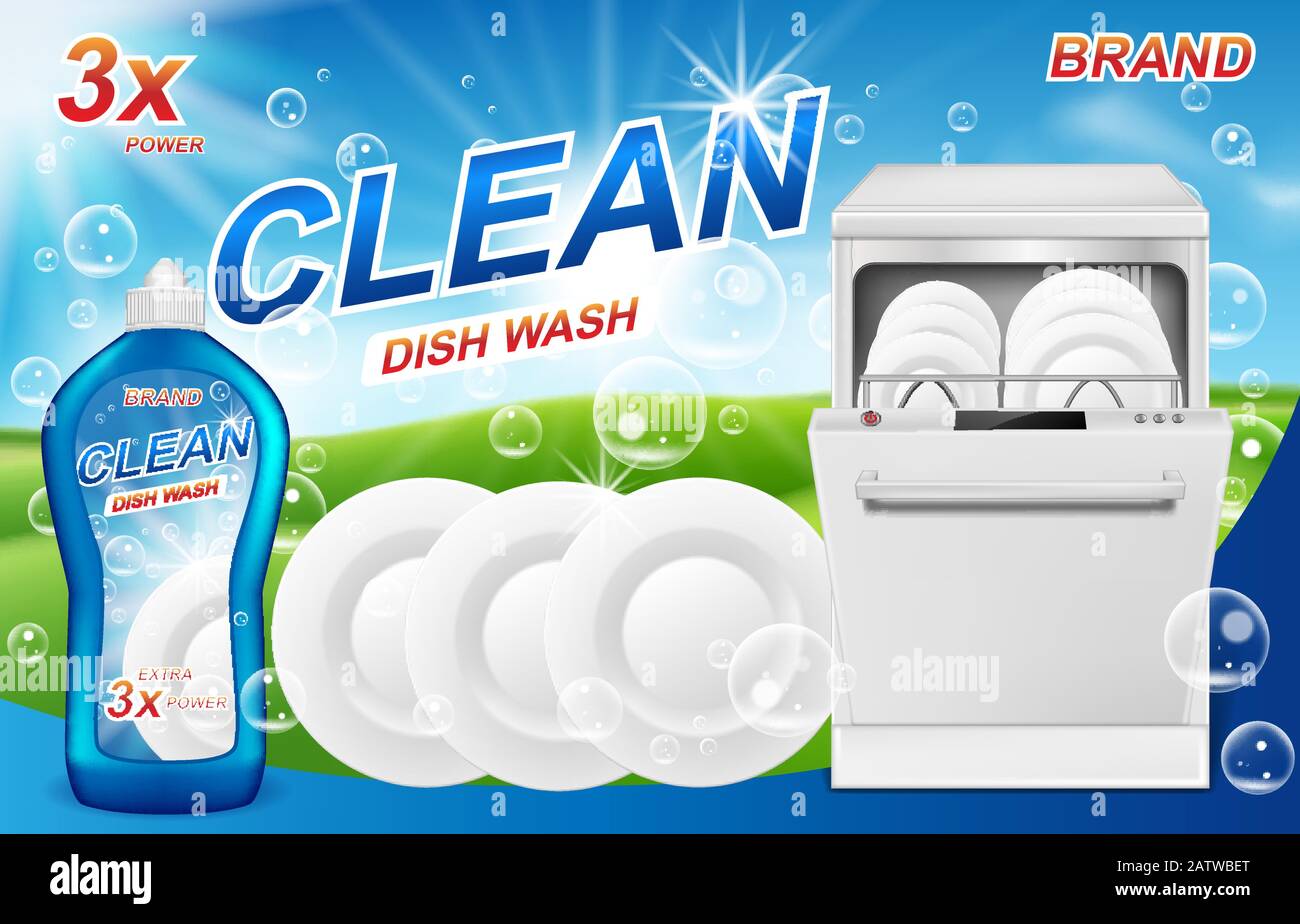 Jabón para lavar platos. Embalaje de plástico realista con diseño de gel  detergente. Jabón líquido con recipientes blancos limpios, platos y platos  para lavavajillas Imagen Vector de stock - Alamy