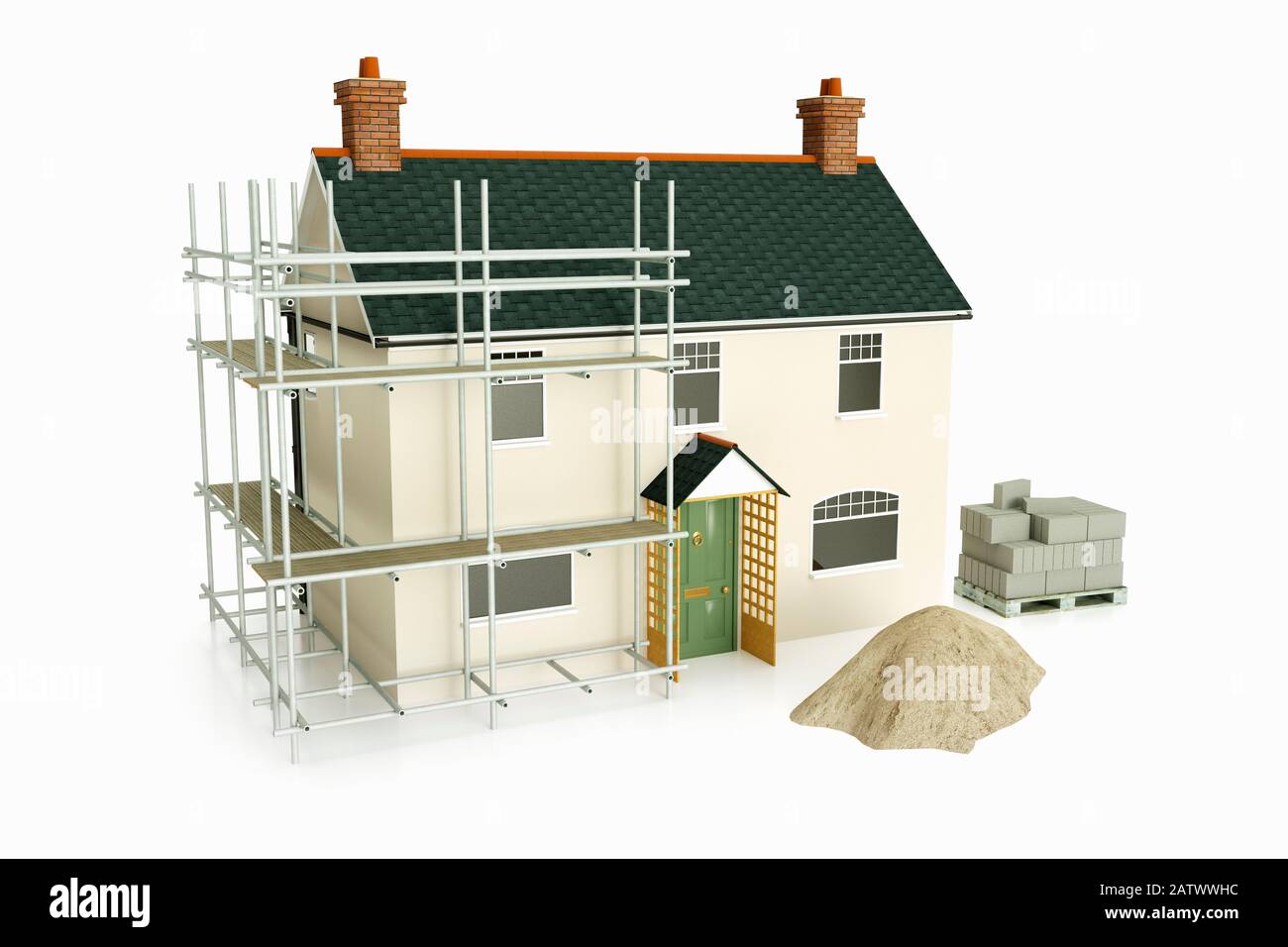 Modelo de una antigua casa unifamiliar británica tradicional con trabajos de construcción Foto de stock